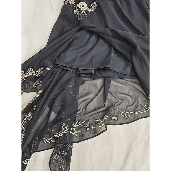 Y2K Vintage Black Asymmetrical Slip Dress  Beaded Applique Sz 10  Flapper 20's - Picture 4 of 7